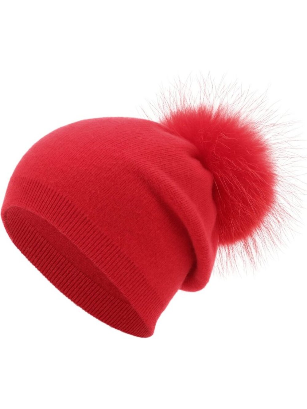 Cozy Cashmere Wool Blend Slouchy Knit Beanie Hat with Real Fur Pom Poms